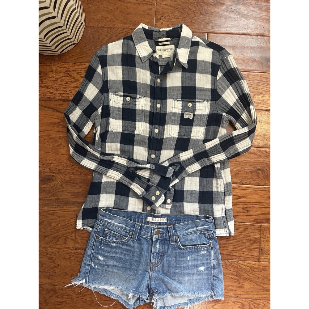 Denim & Supply Ralph Lauren Shirt Women M Plaid Double Gauze Cotton Soft Navy